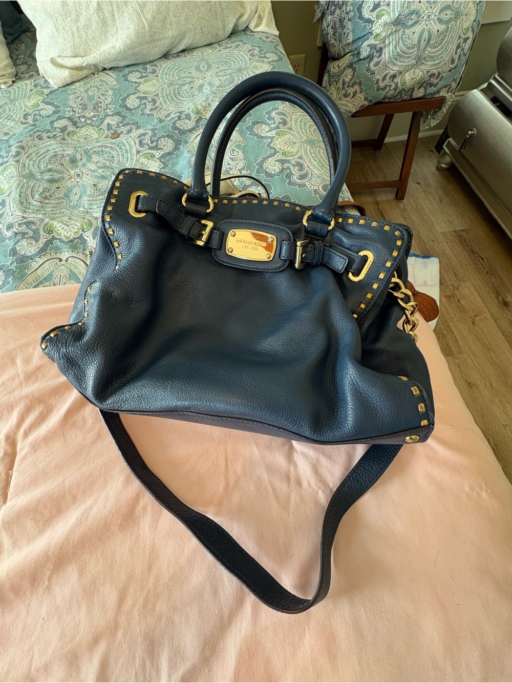Michael Kors Navy Leather Satchel with Gold Hardware